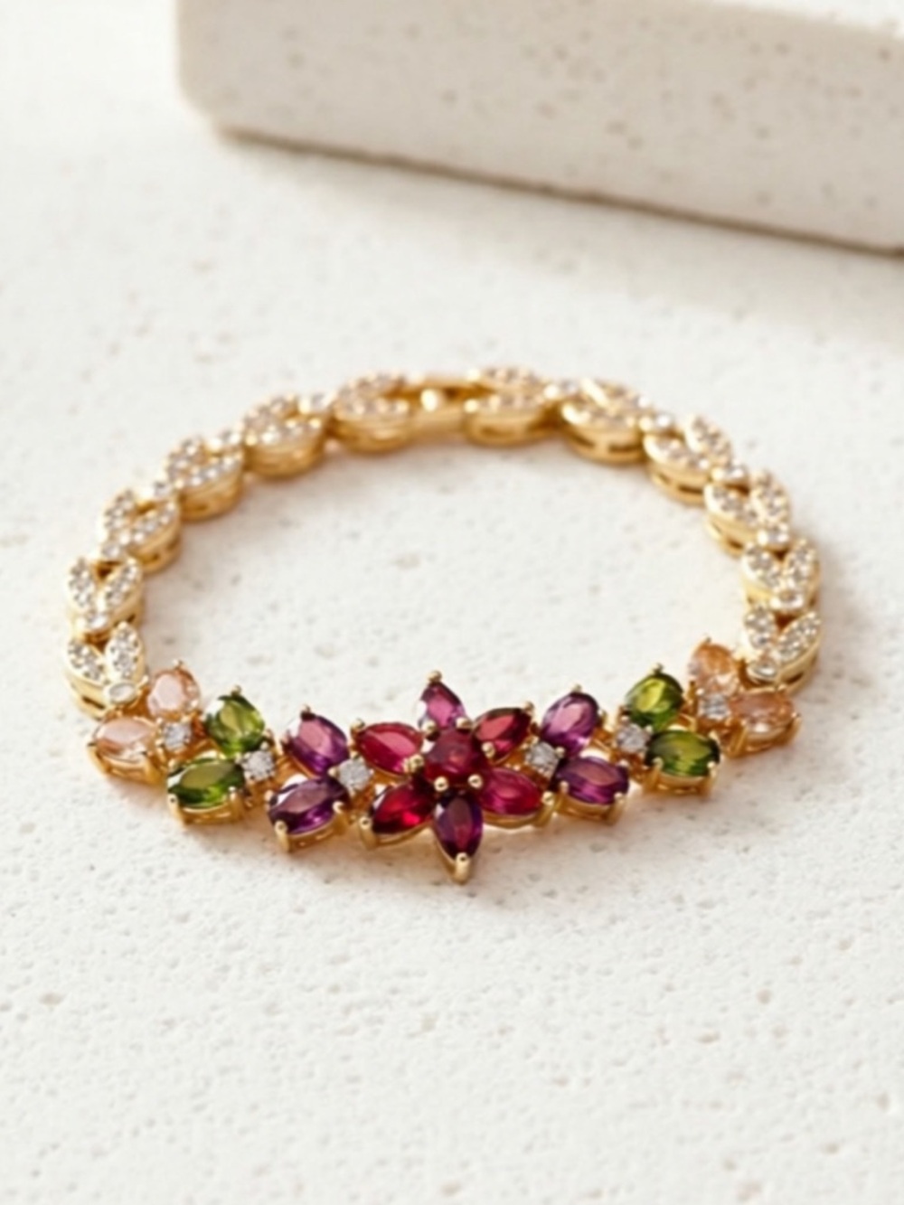 Rainbow Floral CZ Tennis Bracelet – Gold-Plated – 7” Statement Piece